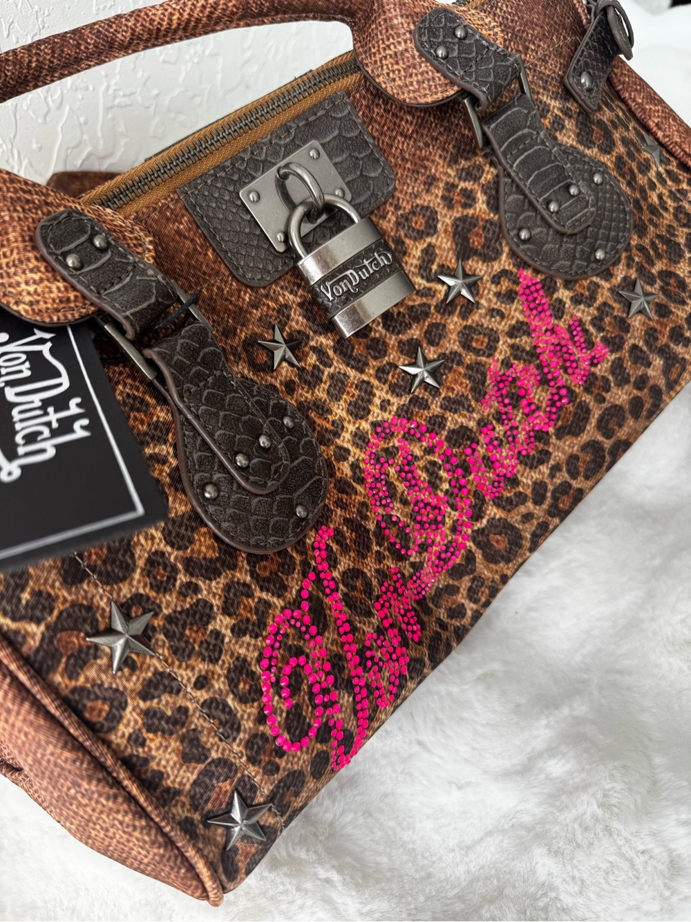 Von Dutch Leopard Print Satchel with Pink Embellished Script